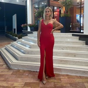 Red one shoulder evening dress